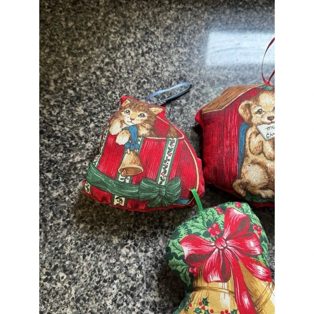 Vintage Cat/ Dog Stuffed Fabric Christmas Ornaments Handmade Vintage 1980